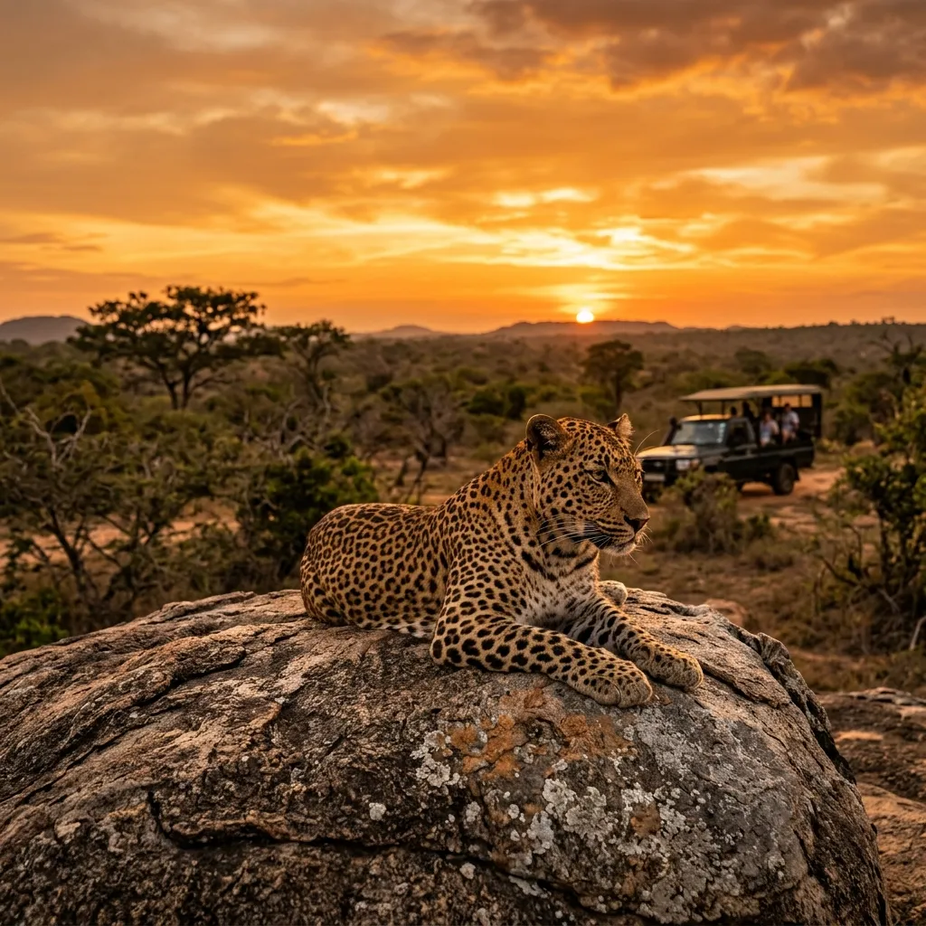 A leopard resting on a rock at sunset in Yala National Park